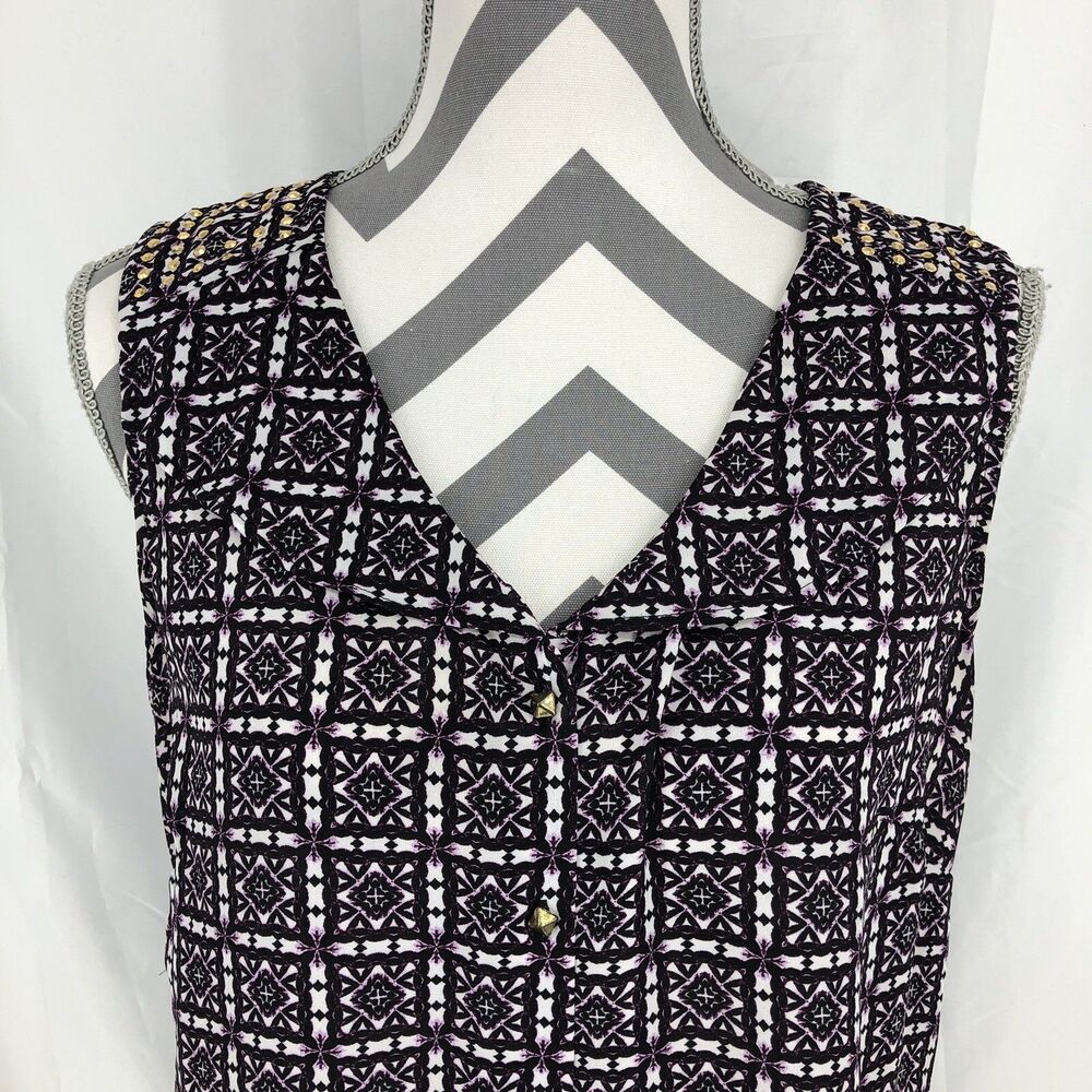 Elementz Purple Geometric Floral Studded Sleeveless Button Up Blouse Medium